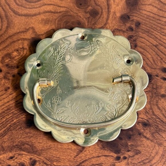 Vintage Brass Drawer Pull Handle With Floral Engraving Scalloped 4.5 Inches - Picture 1 of 7